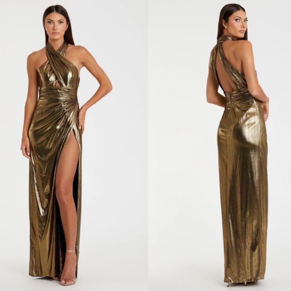 Mac Duggal Gold Ruched Halter Gown